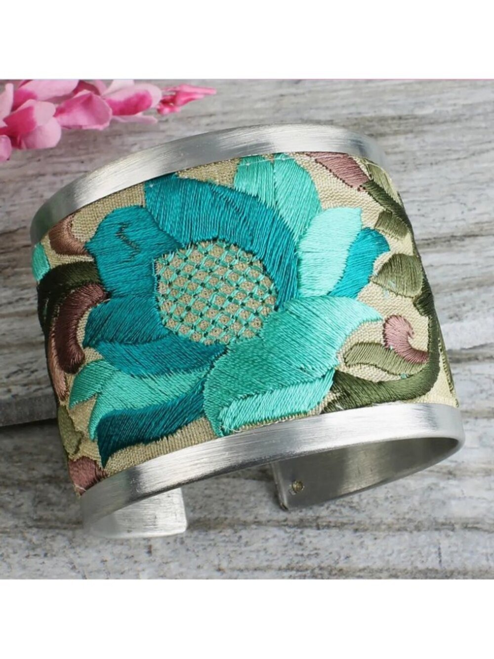 Silver-Tone Turquoise & Purple Flower Embroidered Design cuff bracelet